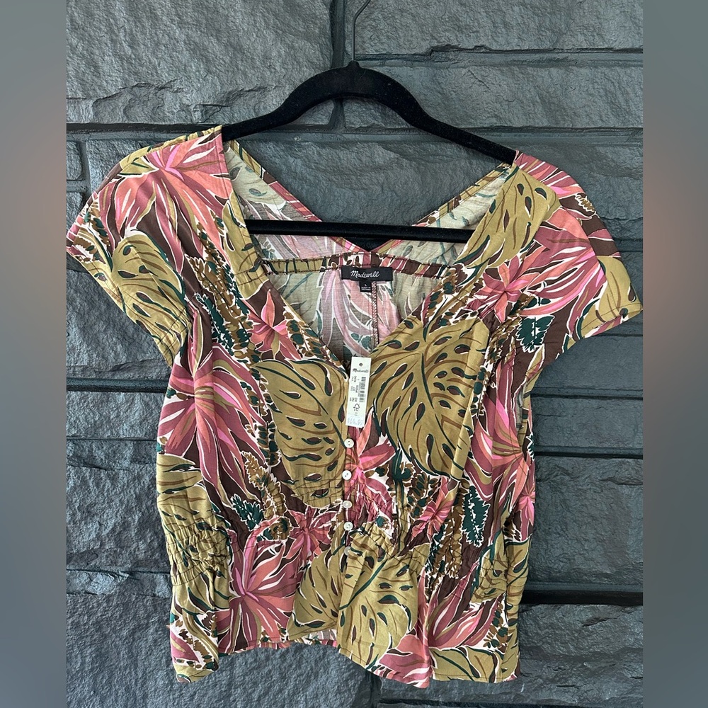 Madewell Pink and Green Leaf Print Blouse